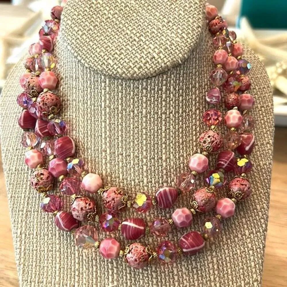 Vintage vendome triple strand crystal beaded necklace gold pink